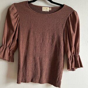 Nation LTD Sz S Brown Ruched Puff Sleeves Blouse